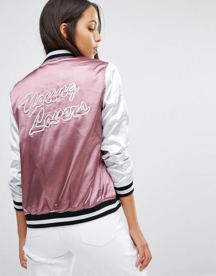 Missguided Slogan Satin Bomber Jacket - Purple