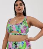 Asos Design Curve Underboob Crop Bikini Top In Turquoise Flash Neon Snake Print - Multi