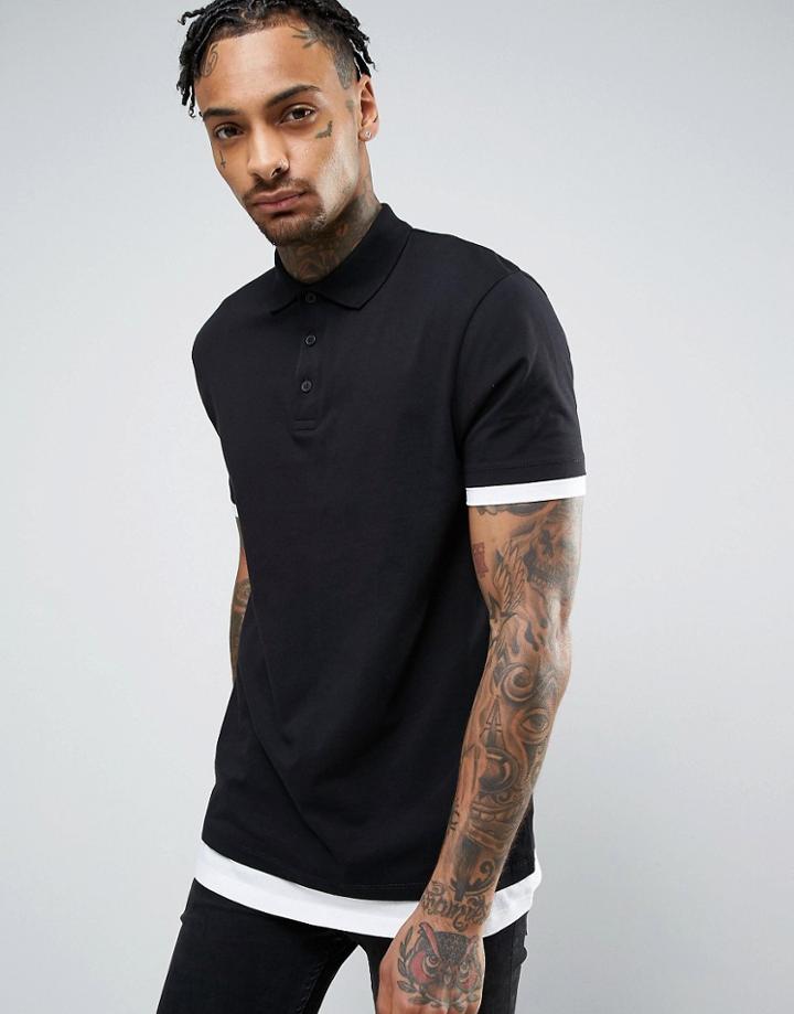 Asos Longline Polo Shirt In Black/white With Contrast Cuff And Hem Extender - Black