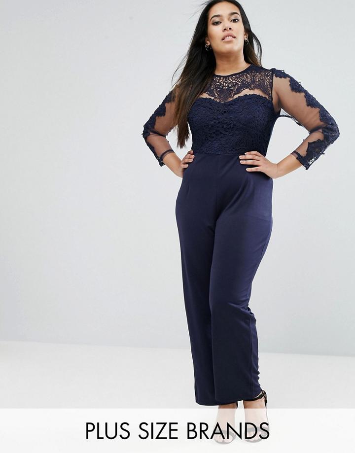 Club L Plus Jumpsuit With Lace Top - Navy