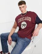 Asos Design Oversized T-shirt In Burgundy Color Block With Chicago Print-multi