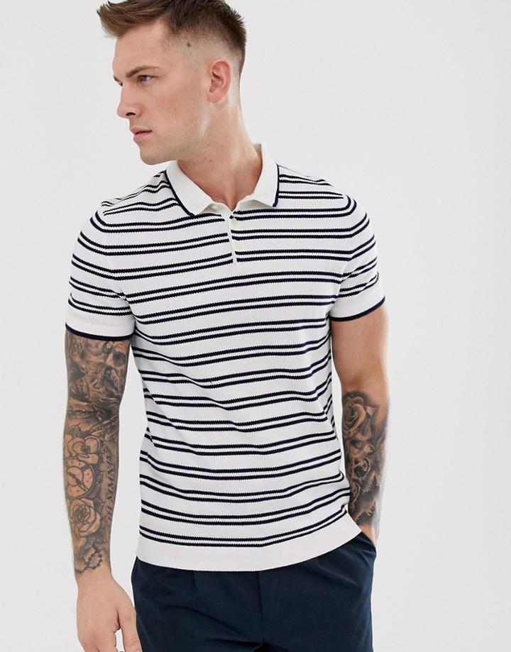 Celio Knitted Polo With Stripe In White - White