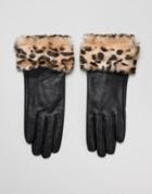 Barney's Originals Real Leather Gloves With Faux Fur Leopard Print Trim - Black