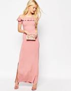 Asos Off Shoulder Maxi Dress With Ruffle - Dusty Pink