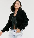 Another Reason Knitted Bomber Jacket With Zip Front-black