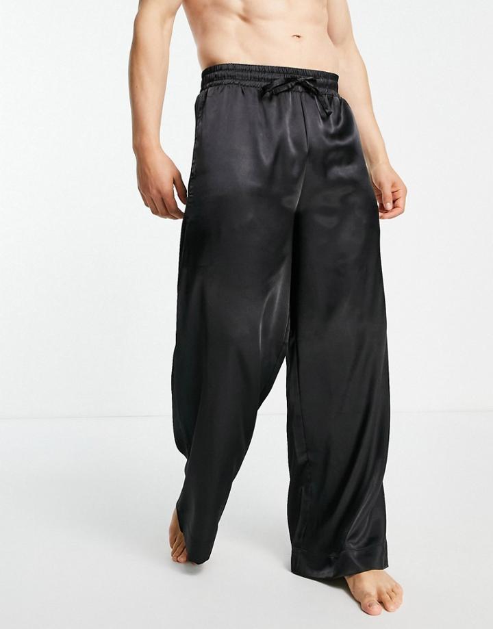 Asos Design Lounge Wide Leg Pyjama Bottoms In Black Satin