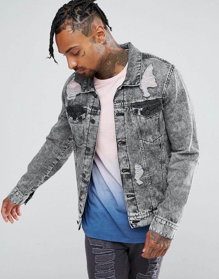 Brooklyn Supply Co Ripped Denim Jacket Acid Wash - Blue