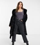 New Look Curve Longline Belted Faux Fur Coat In Black