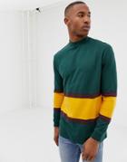 Asos Design Organic Relaxed Longline Long Sleeve T-shirt With Turtleneck And Retro Color Block In Green - Green