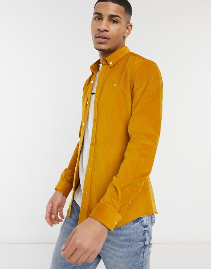 River Island Slim Fit Cord Shirt In Mustard-yellow