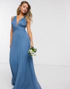 Asos Design Bridesmaid Ruched Bodice Drape Maxi Dress With Wrap Waist In Blue