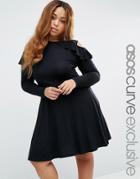 Asos Curve Long Sleeve Cold Shoulder Skater Dress With Mesh & Ruffle D