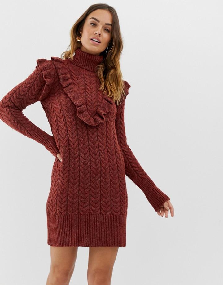Naf Naf Rich Knitted Turtleneck Dress - Orange