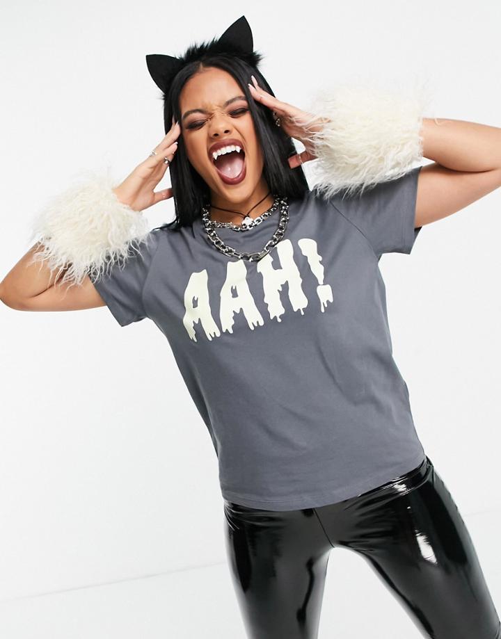 Asos Design Halloween T-shirt With Ahhh Print In Charcoal-grey