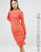 True Decadence Tall Long Sleeve All Over Graphic Lace Midi Dress