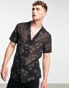 Asos Design Deep Revere Shirt In Sheer With Sparkle Palm Print-black