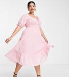 Neon Rose Plus Midi Milkmaid Dress In Pink Textured Spot
