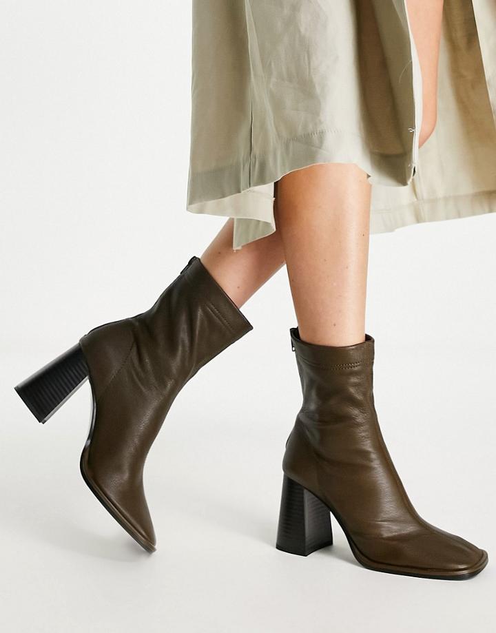Mango Leather Heeled Ankle Boots In Khaki-green