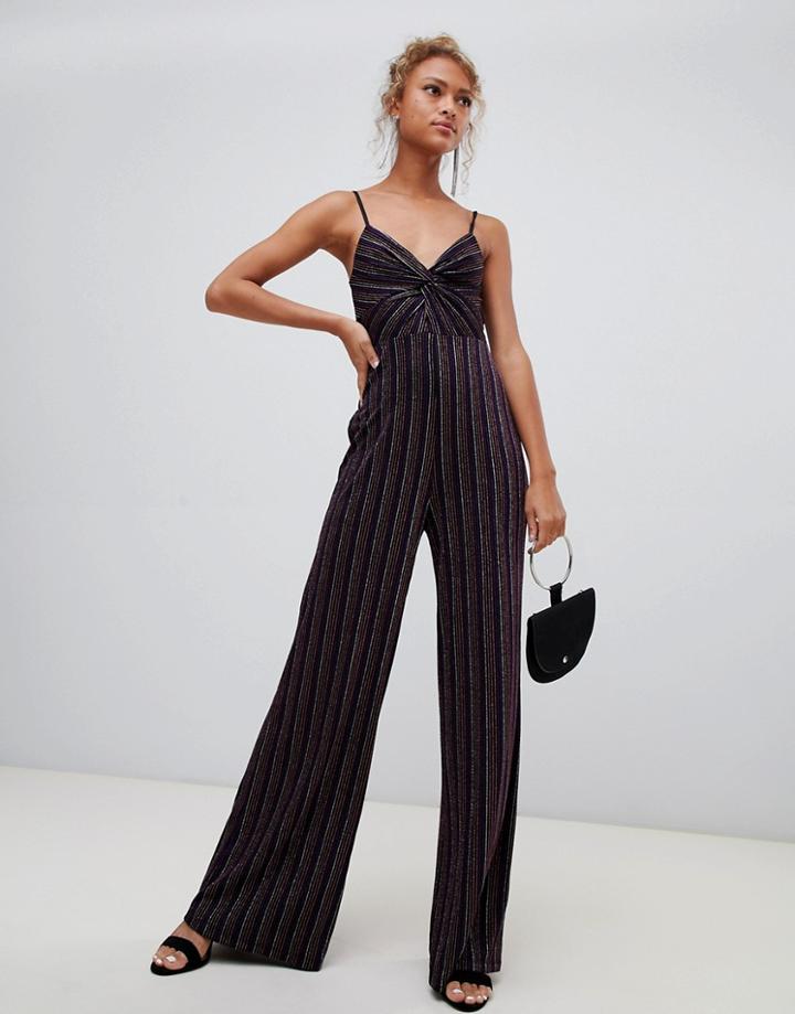 New Look Twist Front Rib Jumpsuit In Glitter - Black