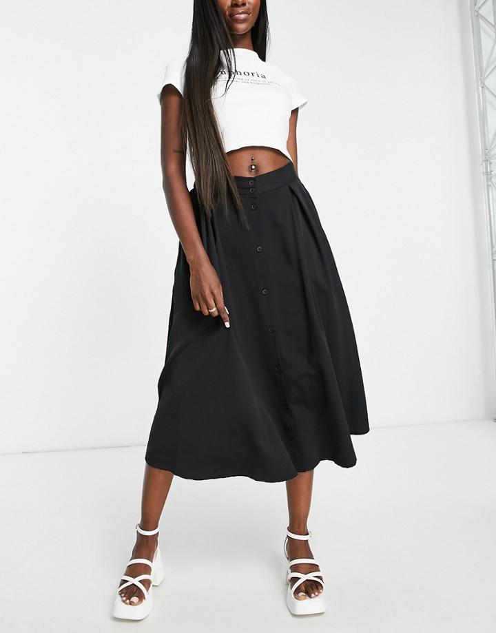 Monki Button Through Midi Skirt In Black
