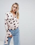 Asos Design Satin Drape Top With Side Button Detail In Spot - Multi