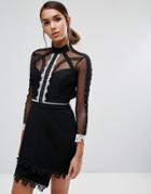 Three Floor Mini Dress In Contrast Lace With 3/4 Sleeve - Black