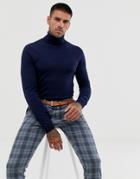 Asos Design Merino Wool Roll Neck Sweater In Navy