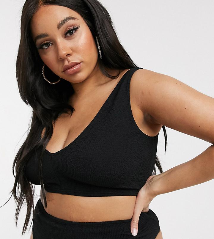 Asos Design Curve Mix And Match V Front Crinkle Crop Bikini Top In Black