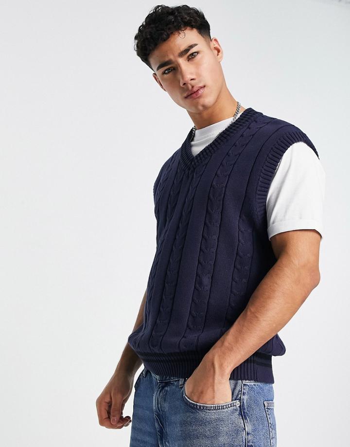 River Island Cable V-neck Sweater Vest In Navy