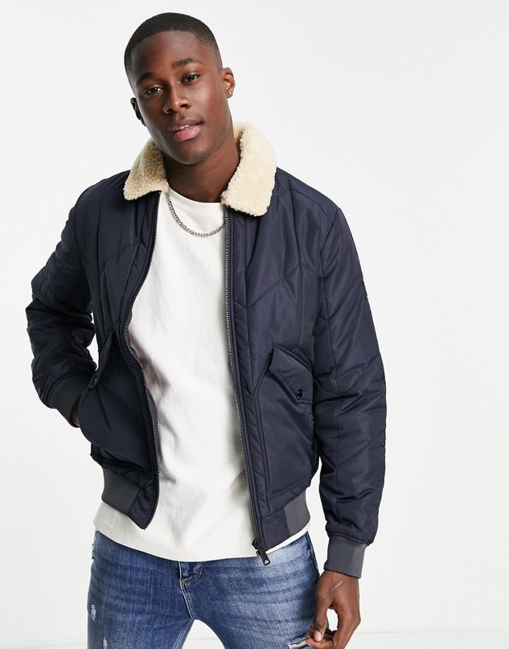 Jack & Jones Premium Quilted Aviator Jacket With Sherpa Collar In Navy