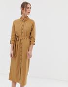 New Look Button Through Tie Waist Dress In Camel - Beige