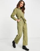 Asos Design Cord Tie Waist Sleeve Boiler Suit In Green