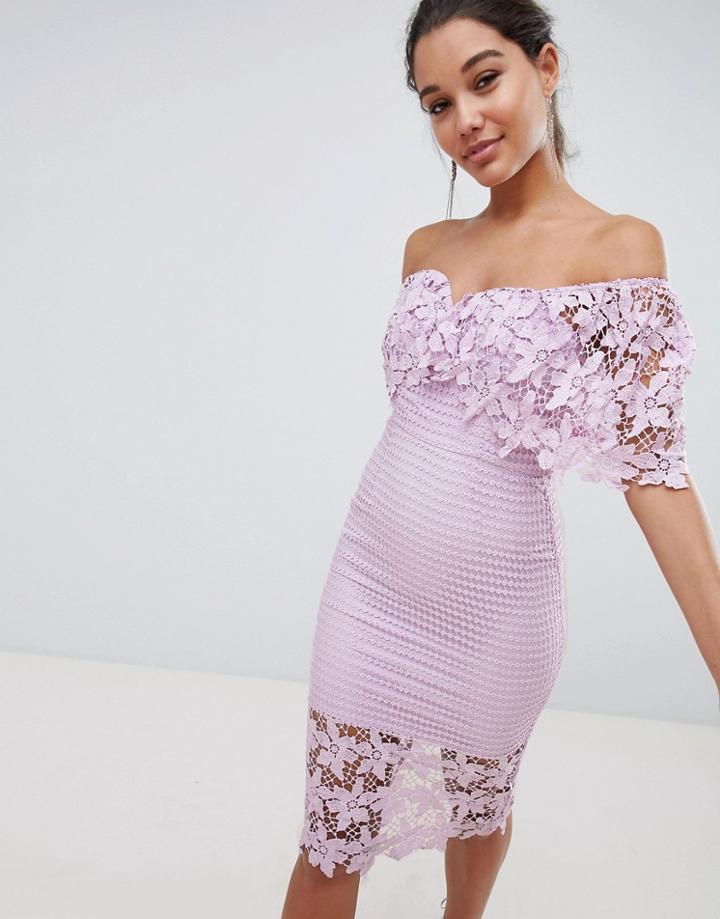 Love Triangle Off The Shoulder Cutwork Lace Pencil Dress - Purple