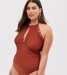 Simply Be Halterneck Swimsuit With Cut Out And Ring Detail In Rust-red