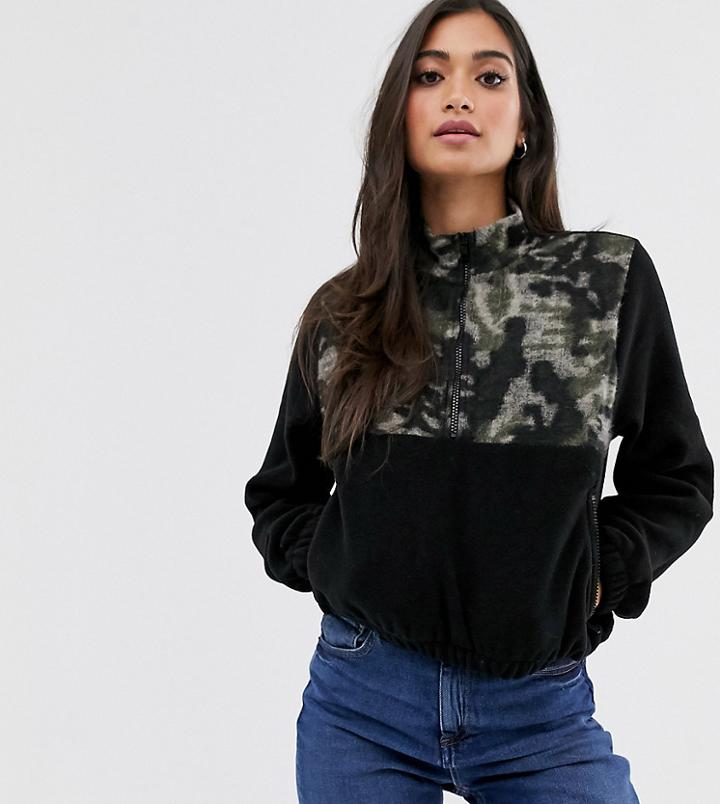 Asos Design Petite Fleece With Zip In Camo-green