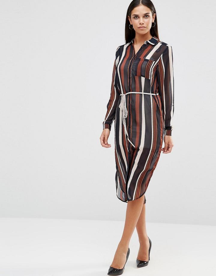 Ax Paris Midi Shirt Dress In Stripe With Tie Waist - Multi