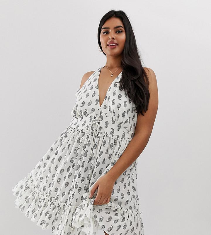 Asos Design Curve Halter Tiered Mini Sundress In Mono Paisley Print