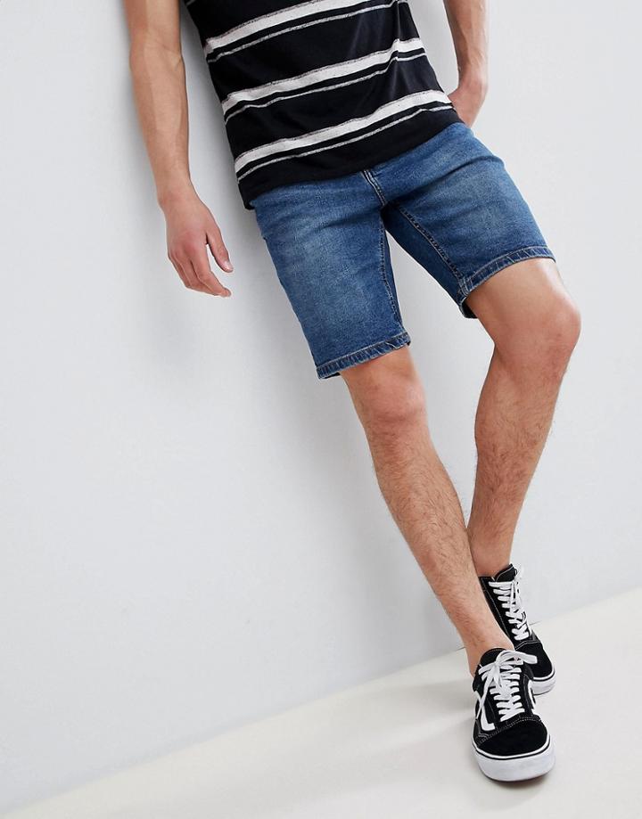 Bershka Slim Fit Denim Shorts In Blue - Blue