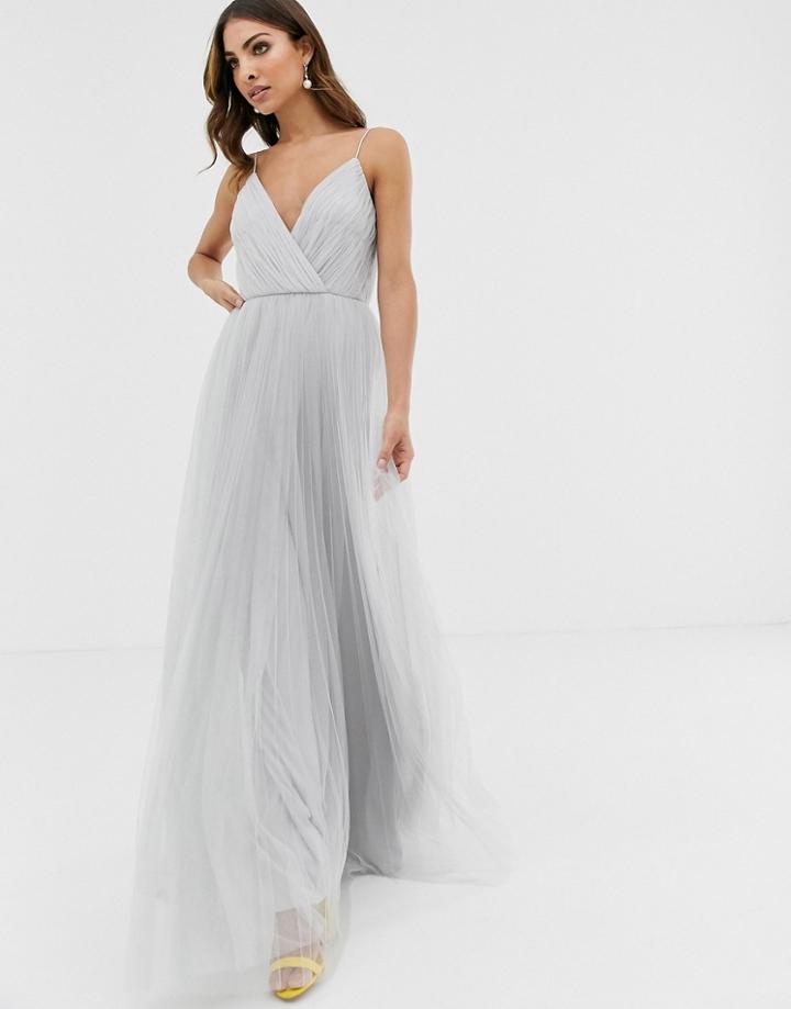 Asos Design Cami Pleated Tulle Maxi Dress - Silver