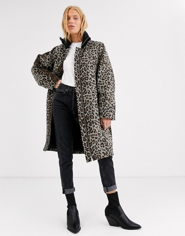 In Wear Zaada Leopard Print Funnel Neck Coat In Wool Blend-brown