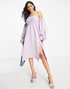 Asos Design Shirred Bardot Blouson Sleeve Prom Midi Dress In Lilac-purple