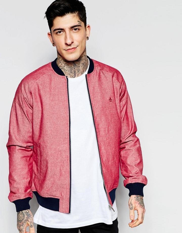 Original Penguin Chambray Bomber Jacket - Red