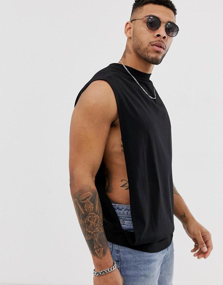 Asos Design Relaxed Sleeveless T-shirt With Crew Neck And Dropped Armhole And Side Split In Black