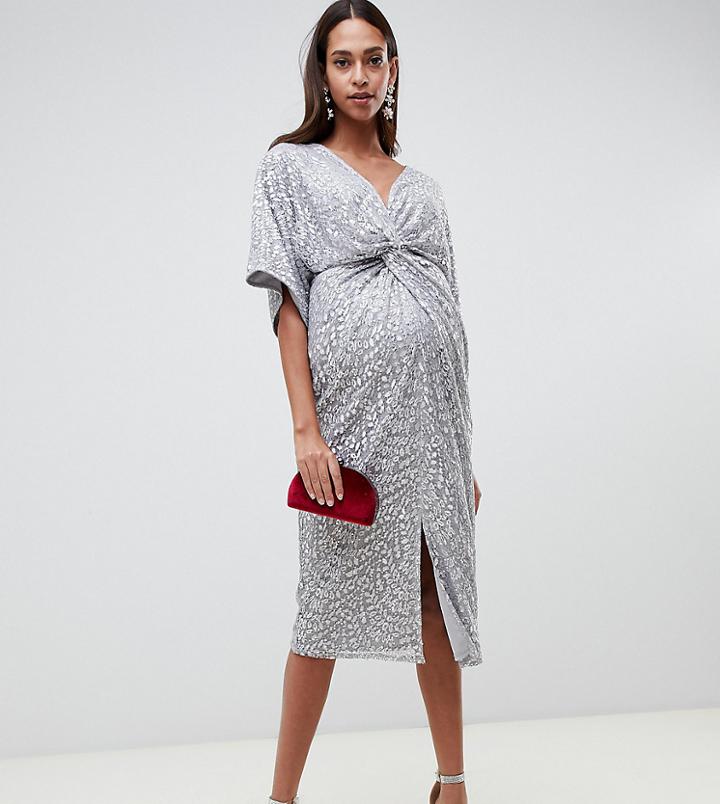 Little Mistress Maternity All Over Ombre Sequin Knot Front Midi Dress In Silver - Silver