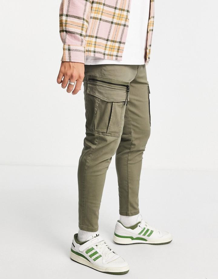 Jack & Jones Tapered Cargo Pants In Khaki-green