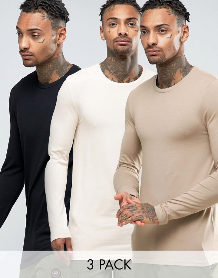 Asos Longline Muscle Long Sleeve T-shirt 3 Pack - Multi