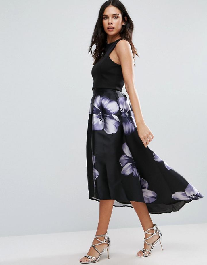 Jessica Wright Dip Hem Floral Midi Skirt - Black