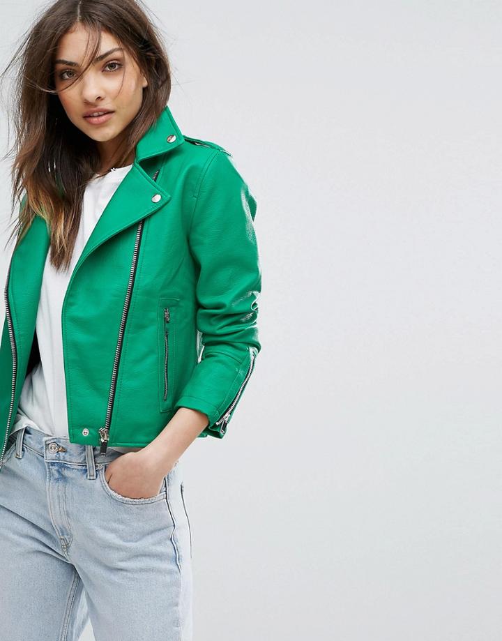 Mango Leather Look Biker Jacket - Green