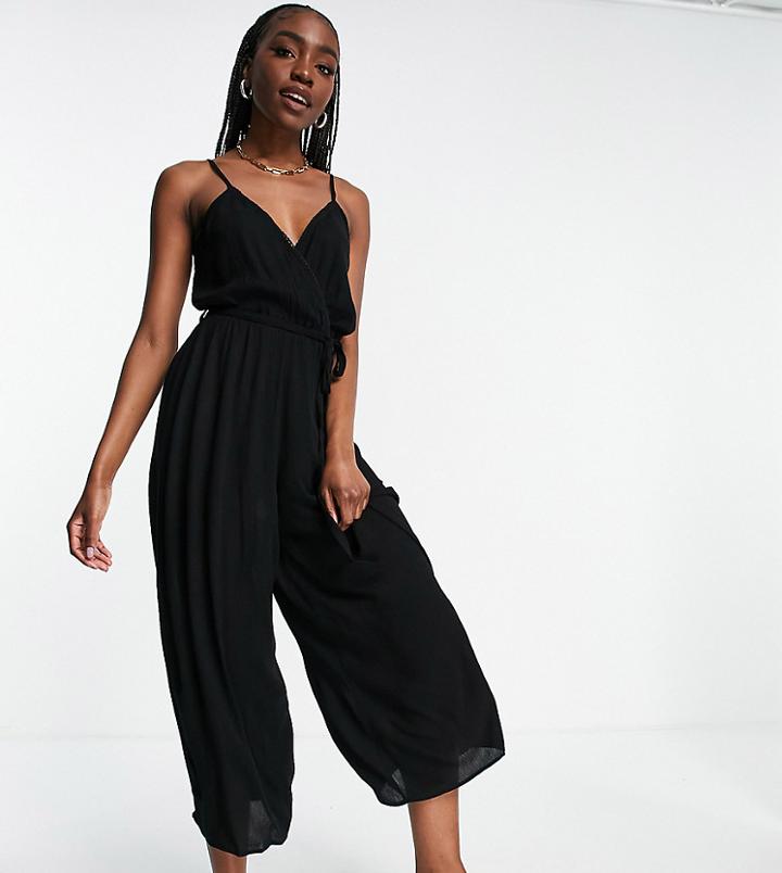 Asos Design Tall Wrap Front Cami Culotte Trim Jumpsuit In Black