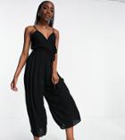 Asos Design Tall Wrap Front Cami Culotte Trim Jumpsuit In Black